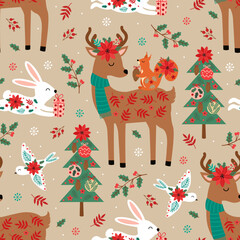 seamless pattern with Christmas deer, hare, squirrel