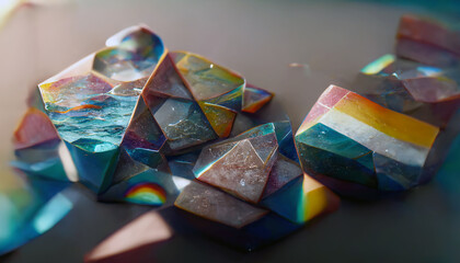 Imaginary picture of rainbow multicolored crystals, abstract for a mobile phone or desktop wallpaper background. Digital 3D illustration. - obrazy, fototapety, plakaty