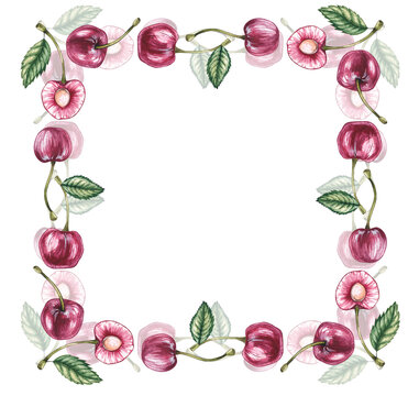 Watercolor cherry frame on a white background