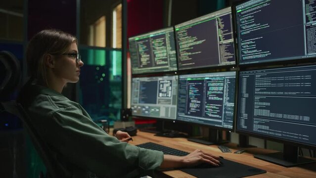 Female Cyber Security Specialist Writing Code On Deskop Computer with Six Displays in Dark Office. Caucasian Woman Controlls Digital Protection System, Monitoring Data, Debugging Software Errors.