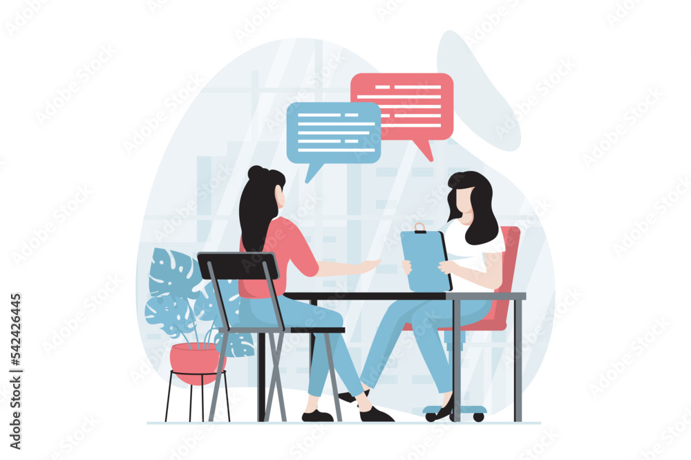 Aufkleber Employee hiring process concept with people scene in flat design. Woman HR manager interviewing applicant for vacancy, looking for best employee. Vector illustration with character situation for web