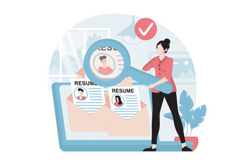 Employee hiring process concept with people scene in flat design. Woman with magnifier examines online resumes and selecting best employees. Vector illustration with character situation for web