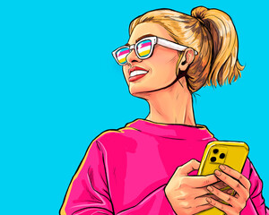 Attractive smiling young woman with mobile phone in hand. Wow girls looking forward in comic style . Pop art woman holding smartphone. Digital advertisement people  - obrazy, fototapety, plakaty