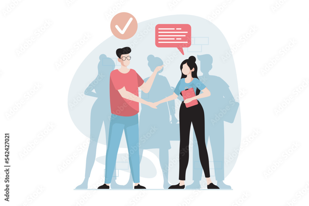 Poster employee hiring process concept with people scene in flat design. hr manager shakes hands with appli