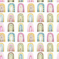 Watercolor colorful seamless pattern with blue, mustard, pink and brown boho rainbows on a white background