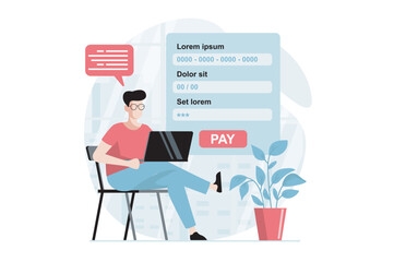 E-payment concept with people scene in flat design. Man filling digital form with credit card data for making online money transfer using laptop. Vector illustration with character situation for web