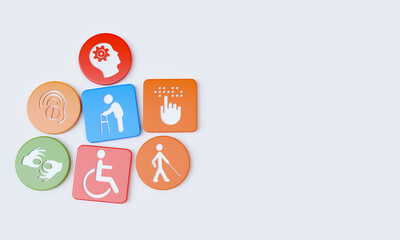 Disability icons engraved on plastic cubes and circles. 3D Rendering. - obrazy, fototapety, plakaty