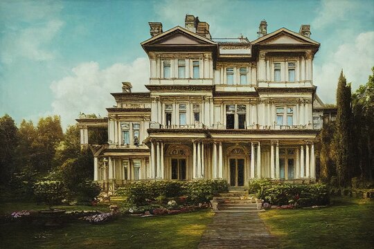 art painting of an Edwardian mansion, exterior.