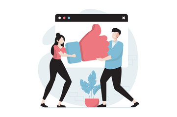 Feedback page concept with people scene in flat design. Man and woman holding huge like and expressing best customer and user satisfaction. Vector illustration with character situation for web