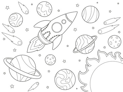 Space And Spaceship. Children Picture Coloring, Black Stroke, White Background.