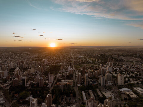 Sun Falling Dawn In The City. Aerial Drone View At Sunset