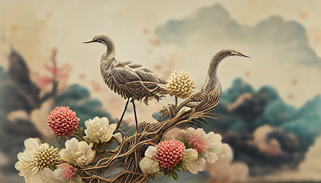 Crane birds and art natural landscape background with Asian traditional icon texture 3d illustration