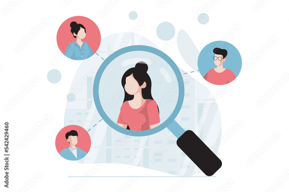 Poster focus group concept with people scene in flat design. woman making marketing research and analysis b
