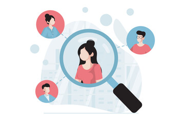 Focus group concept with people scene in flat design. Woman making marketing research and analysis buyers connected with her using social networks. Vector illustration with character situation for web