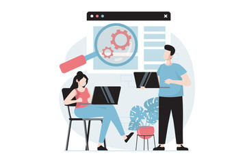 Focus group concept with people scene in flat design. Woman and man conduct market research, analyze buyers and create advertising to business. Vector illustration with character situation for web