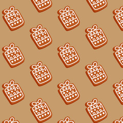 Christmas pattern with gingerbread cookie isolated on white background. Christmas gift box. Food illustration for design, print, fabric or background