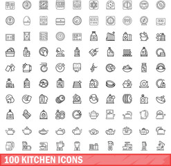 100 kitchen icons set. Outline illustration of 100 kitchen icons vector set isolated on white background