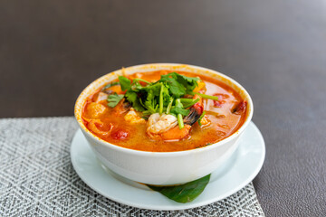 Spicy shrimp soup, Tom Yum Kung, famous spicy Thai food.