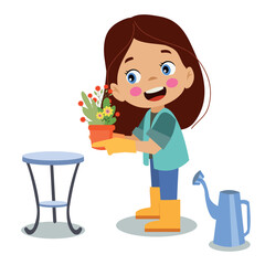 cute boy planting and watering flowers