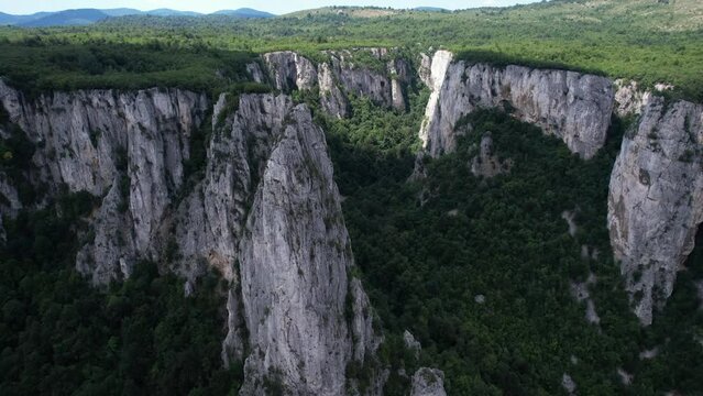 Drone flight over the rocky cliffs in the Lazar's canyon, East Serbia.
