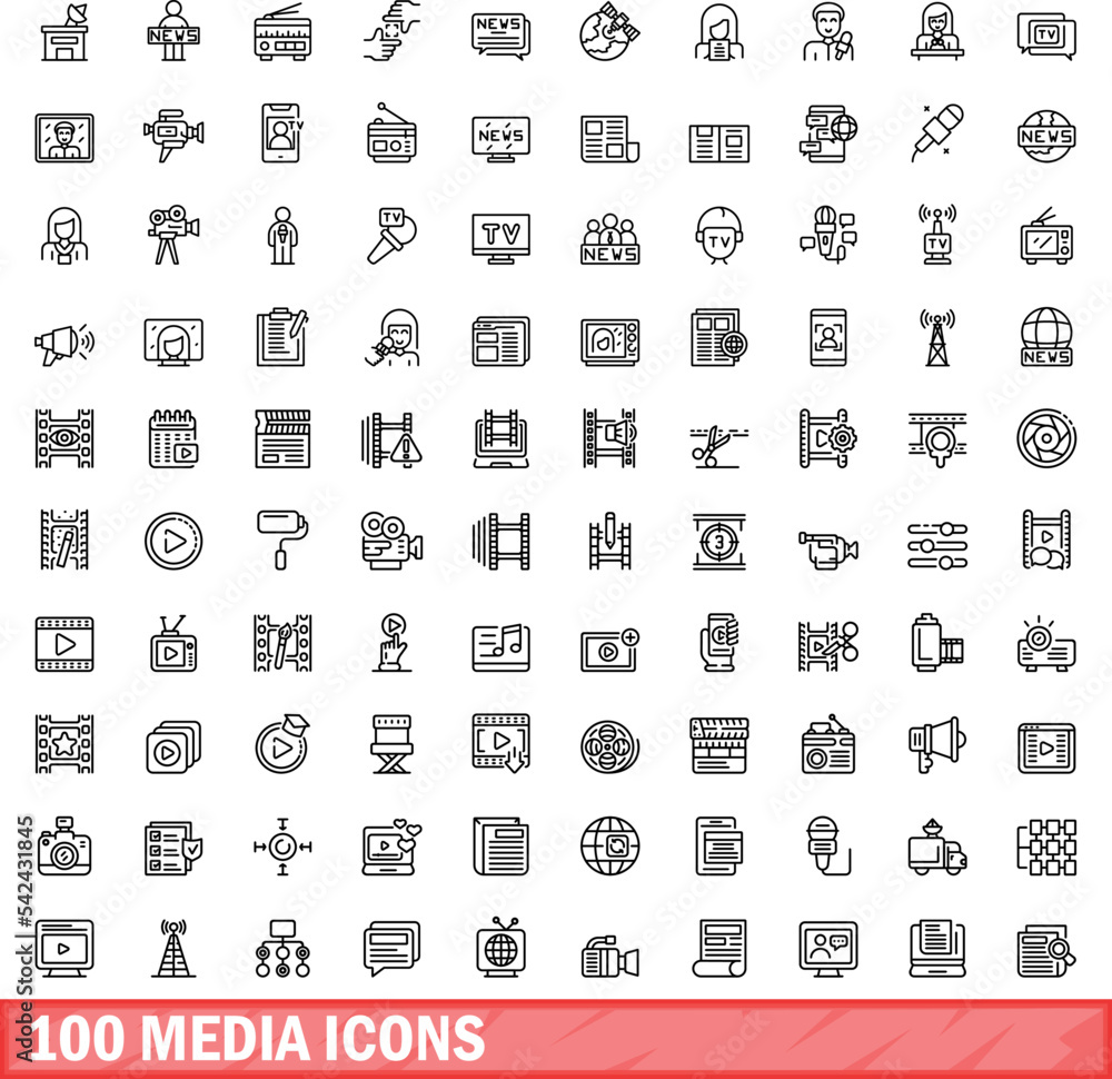 Wall mural 100 media icons set. outline illustration of 100 media icons vector set isolated on white background