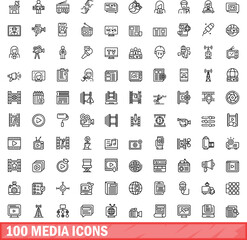 100 media icons set. Outline illustration of 100 media icons vector set isolated on white background