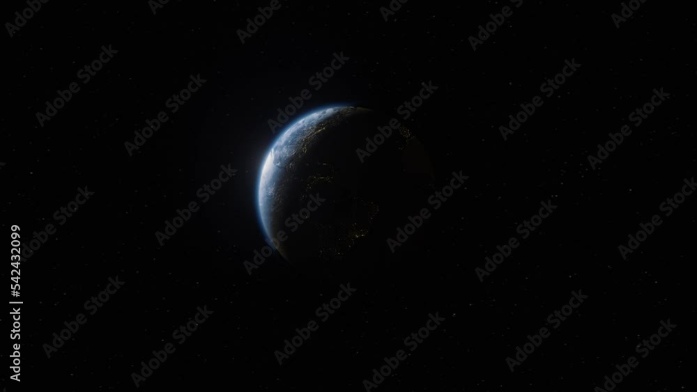 Poster animation of rotating planet earth seen from space, zoom in animation of a blue planet