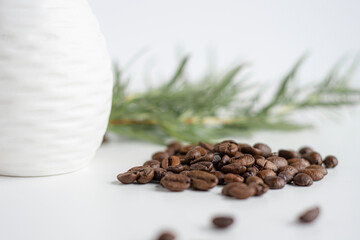 Coffee beans spilled on white with greenery in the background