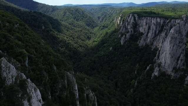 Drone flight over the rocky cliffs in the Lazar's canyon, East Serbia.
