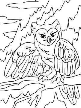 An owl sits on a branch, against the backdrop of mountains and forest. Children picture coloring.