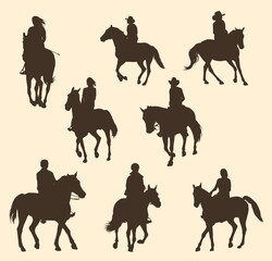Set of silhouettes of riders on a horse