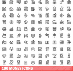 100 money icons set. Outline illustration of 100 money icons vector set isolated on white background