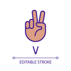 Letter V in ASL system pixel perfect RGB color icon. Sound visualization by gestures. Communication. Isolated vector illustration. Simple filled line drawing. Editable stroke. Arial font used