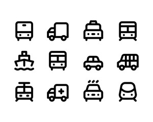 Transport icons set. Car, Bus, Train and Ship symbols isolated in white background. Vector EPS 10