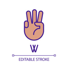 Letter W in American sign language pixel perfect RGB color icon. Nonverbal communication. Gestures system. Isolated vector illustration. Simple filled line drawing. Editable stroke. Arial font used
