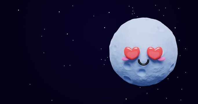 Loop animation of 3d adorable cartoon moon emoji with love eyes and happy mood in space with copy Space background as concept for love and peace. 3d render animation