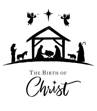 The Birth of Christ, Christmas nativity scene in black color. Shepherd,  Mary, Joseph and baby Jesus in manger in silhouette with Bethlehem star and angels. Vector illustration