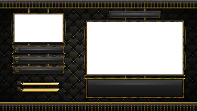Beautiful gold and black twitch overlay that features areas for a web cam, desktop view, two social media panels, and three recent event panels specific to most recent donation, subscriber, follower.
