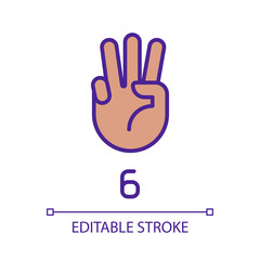 Digit six in American sign language pixel perfect RGB color icon. Visual modality for count. Isolated vector illustration. Simple filled line drawing. Editable stroke. Arial font used