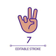 Digit seven sign in ASL pixel perfect RGB color icon. Number visual modality. Communication way. Isolated vector illustration. Simple filled line drawing. Editable stroke. Arial font used