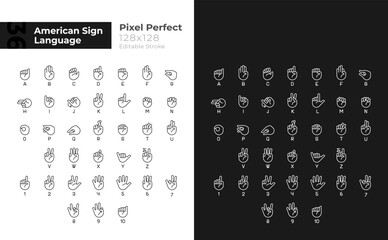 American sign language pixel perfect linear icons set for dark, light mode. Thin line symbols for night, day theme. Isolated illustrations. Editable stroke. Montserrat Bold, Light fonts used © IMG visuals icons