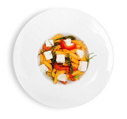 Delicious Italian pasta with chicken on white plate