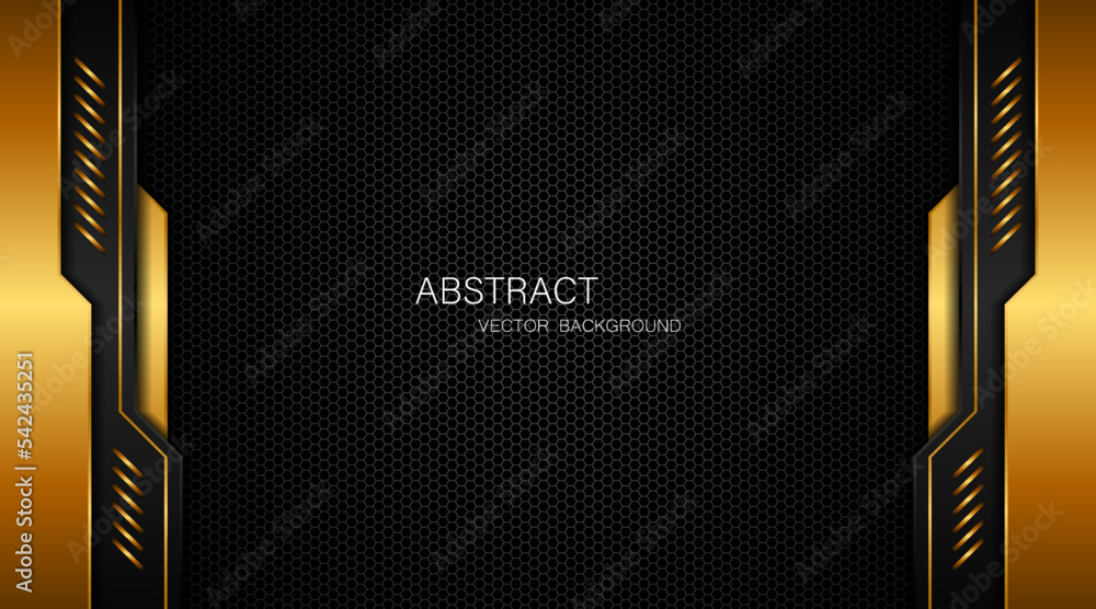 Poster dark steel mesh abstract background with black and gold polygon shapes. free space for design. moder