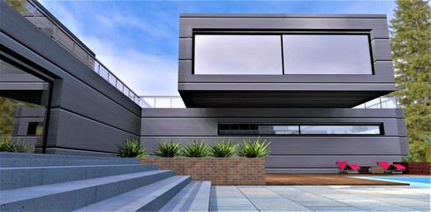 Monolithic concrete staircase in the courtyard of an elite country estate. Wall decoration with horizontal aluminum panels. Wide panoramic multi-chamber windows. 3d rendering.