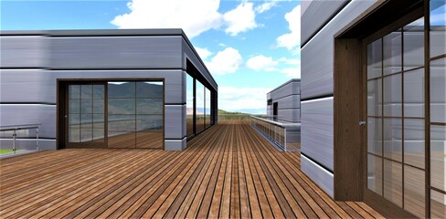 Wooden floor as a covering of the specious terrace fenced with glass railing. Horizontal metal wall finisjing. 3d rendering.