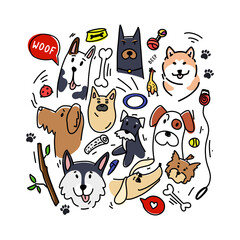 Set of dogs in doodle style. Vector illustration.