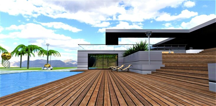 Parallel Deck Boards Near The Pool. Wooden Stairs Up To The Seating Area. An Exclusive Project Of An Elite Private Villa Of One Of The Ukrainian Oligarchs. 3d Rendering.