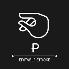 Letter P sign in ASL pixel perfect white linear icon for dark theme. System of nonverbal communication. Thin line illustration. Isolated symbol for night mode. Editable stroke. Arial font used - obrazy, fototapety, plakaty