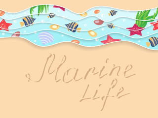 marine elements on a background cut out of paper-vector illustration, eps