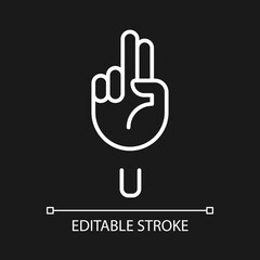 Letter U sign in ASL pixel perfect white linear icon for dark theme. Words visualization by gestures. Thin line illustration. Isolated symbol for night mode. Editable stroke. Arial font used
